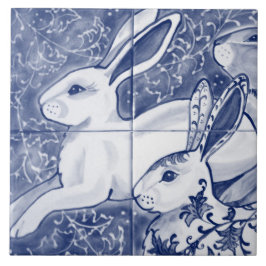 Cobalt Blue Rabbit Chinoiserie Dedham Delft Navy Tegeltje