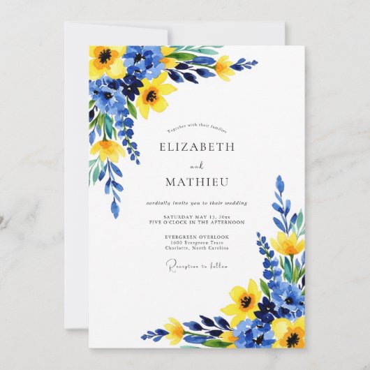 Cobalt Blue Sunny Botanical Wedding Kaart (Voorkant)