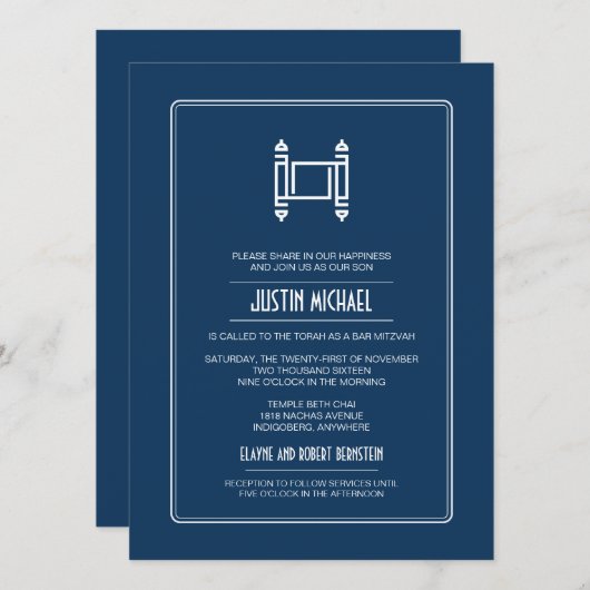 Cobalt Blue Torah Bar Mitzvah Kaart (Voorkant / Achterkant)
