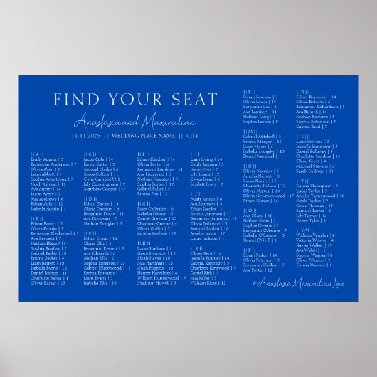 Cobalt Blue Wedding Alphabetical Seating Chart Poster (Voorkant)