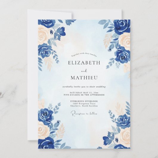 Cobalt Crème Bloem Bruiloft Kaart (Voorkant)
