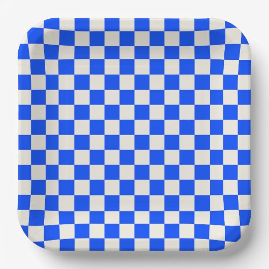 Cobalt en crème schaakbordpatroon papieren bordje (Voorkant)