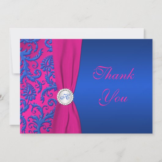 Cobalt en Fuchsia Damask Monogram Dank u kaart (Voorkant)
