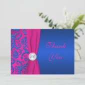 Cobalt en Fuchsia Damask Monogram Dank u kaart (Staand voorkant)