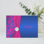 Cobalt en Fuchsia Damask RSVP-kaart RSVP Kaartje (Staand voorkant)