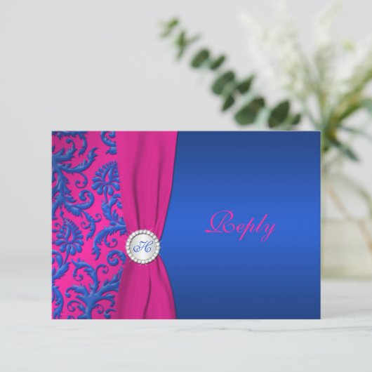 Cobalt en Fuchsia Damask RSVP-kaart RSVP Kaartje (Staand voorkant)