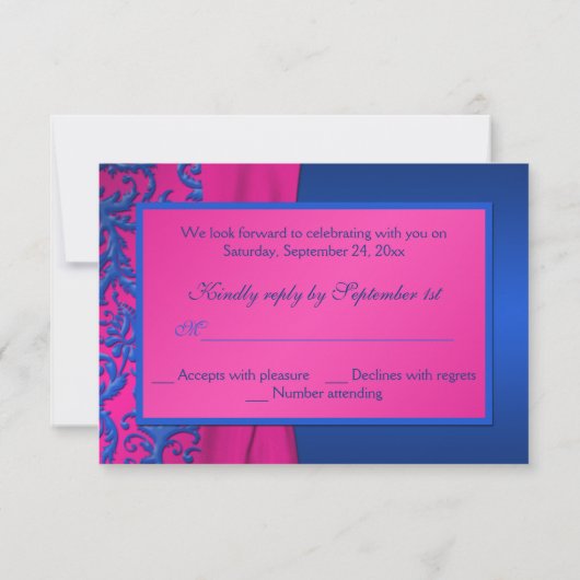 Cobalt en Fuchsia Damask RSVP-kaart RSVP Kaartje (Achterkant)