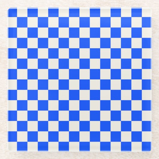 Cobalt en roomkleurig schaakbordpatroon glazen onderzetter (Voorkant)
