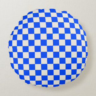 Cobalt en roomkleurig schaakbordpatroon rond kussen