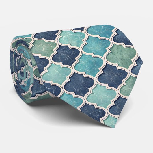 Cobalt en Teal Vierblad - Mediterraans Mozaïek Stropdas (Opgerold)