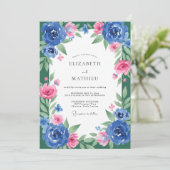 Cobalt Fuchsia Blad Bruiloft Kaart (Staand voorkant)