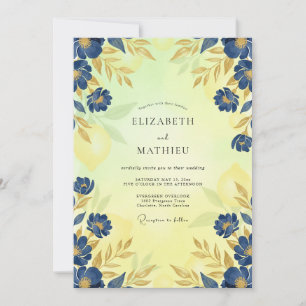 Cobalt Gouden Blad Bruiloft Kaart