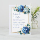 Cobalt Hydrangea Vergulde Bloem Kader Bruiloft Kaart (Staand voorkant)