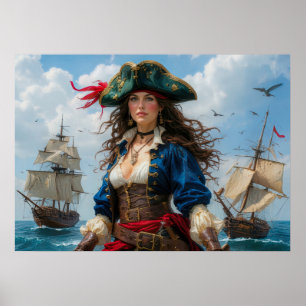 Cobalt Kate - Hoogcontrast Vrouwelijke Piraat Kapi Poster