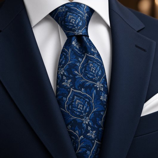 Cobalt Midnight Blue Zilveren Damast  Stropdas