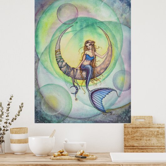 Cobalt Moon Mermaid Mystical Fantasy Art Poster (Keuken)