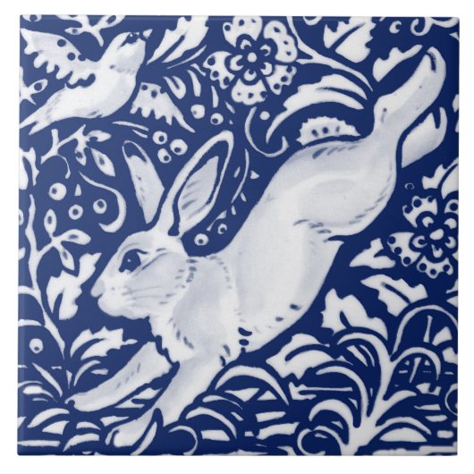 Cobalt Navy Blue Rabbit Bird Dedham Delft Morris Tegeltje (Voorkant)