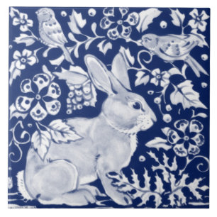 Cobalt Navy Blue Rabbit Bird Dedham Delft Morris Tegeltje