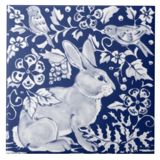 Cobalt Navy Blue Rabbit Bird Dedham Delft Morris Tegeltje (Voorkant)