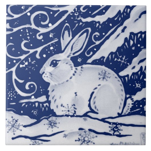 Cobalt Navy Blue Rabbit Winter Sneeuwscene Dedham Tegeltje (Voorkant)