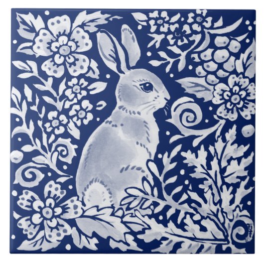 Cobalt Navy Blue Rabbit Woodland Delft Dedham Tegeltje (Voorkant)