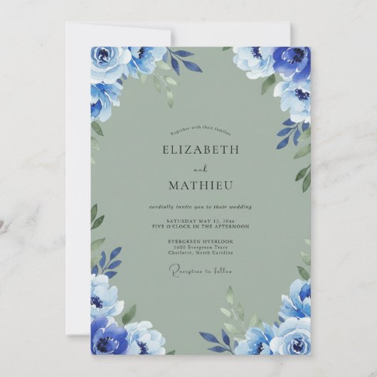 Cobalt Olijf Hydrangea Eucalyptus Bruiloft Kaart (Voorkant)