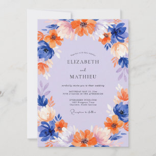 Cobalt Oranje Wilde Bloemen Bruiloft Kaart