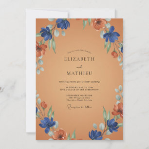 Cobalt Roest Wilde Bloemen Bruiloft Kaart