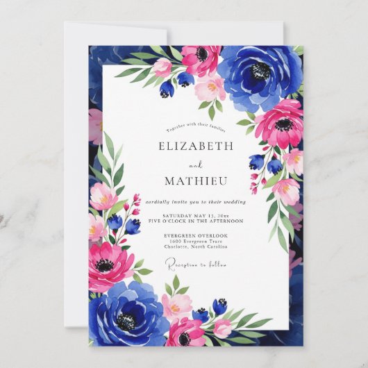 Cobalt Roze Botanische Romantische Bruiloft Kaart (Voorkant)