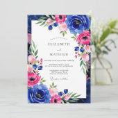 Cobalt Roze Botanische Romantische Bruiloft Kaart (Staand voorkant)