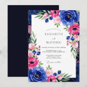 Cobalt Roze Botanische Romantische Bruiloft Kaart (Voorkant / Achterkant)
