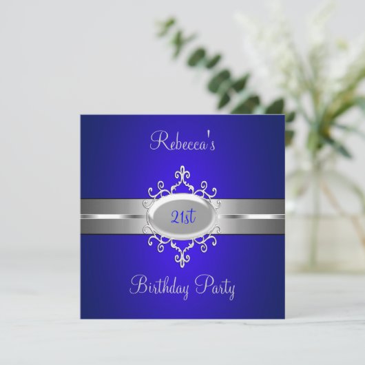 Cobalt Silver Jewel 21st Elegant Birthday Party Kaart (Staand voorkant)