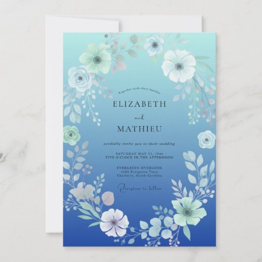 Cobalt Waterverf Bloem Bruiloft Kaart (Voorkant)
