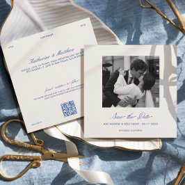 Cobaltblauwe trouwfoto 'Save the Date' Kaart