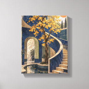 Cobalten trappenhuis met gouden Ginkgo Canvas Afdruk