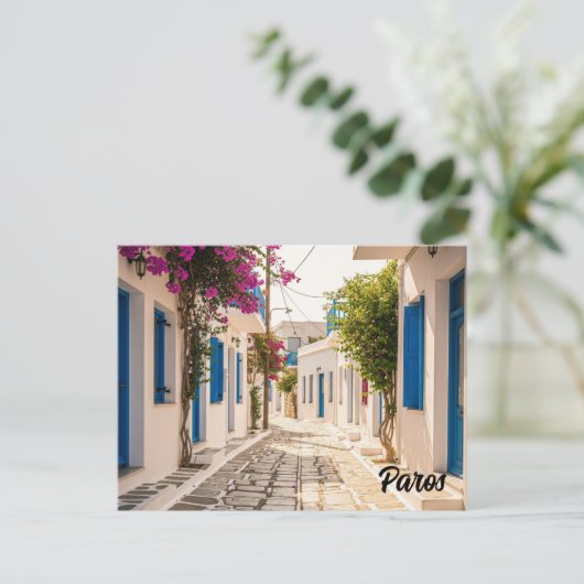 Cobblestone straat in Paros Griekenland Eiland Rei Briefkaart (Staand voorkant)