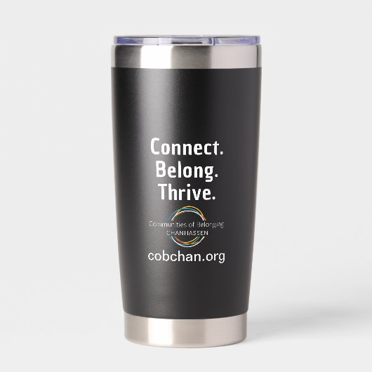 CoBC Tumbler (witte tekst) - Connect Belong Thrive Geïsoleerde Drinkbeker (Voorkant)
