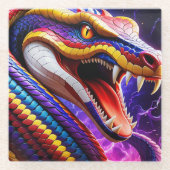 Cobra levendige rode blauwe en gele schubben glazen onderzetter (Voorkant)