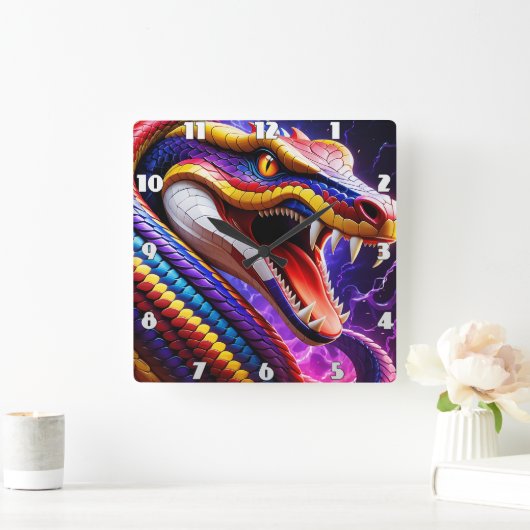 Cobra levendige rode blauwe en gele schubben vierkante klok (Huis)