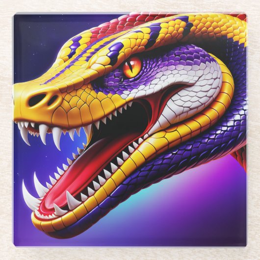 Cobra levendige rode paarse witte en gele schubben glazen onderzetter (Voorkant)