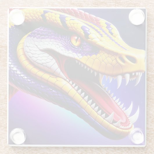 Cobra levendige rode paarse witte en gele schubben glazen onderzetter (Achterkant)