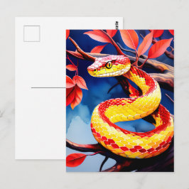 Cobra met levendige rode en gele schubben in boom briefkaart
