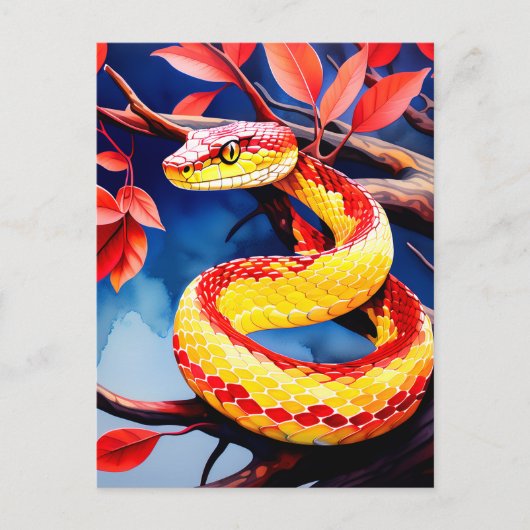 Cobra met levendige rode en gele schubben in boom briefkaart (Voorkant)
