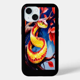 Cobra met levendige rode en gele schubben in boom iPhone 15 case
