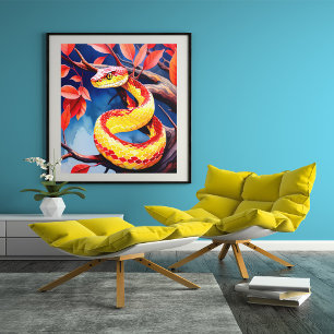 Cobra met levendige rode en gele schubben in boom poster