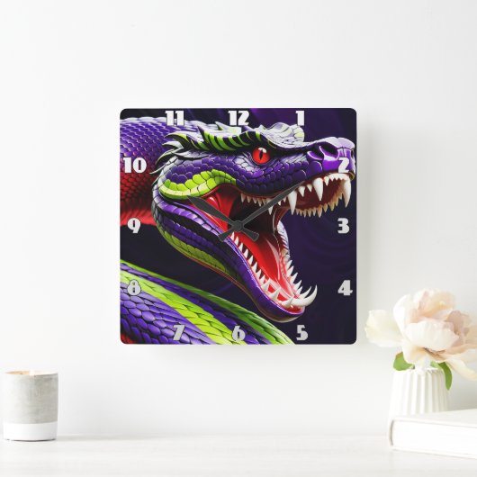 Cobra slang met levendige groene en paarse schubbe vierkante klok (Huis)