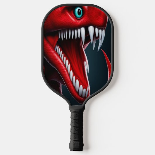 Cobra slang met levendige rode schubben en blauwe  pickleball paddle (Achterkant)