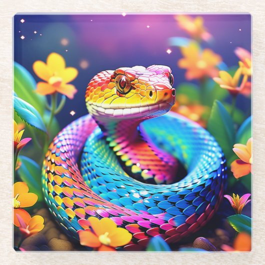 Cobra slang met levendige turquoise roze en geel glazen onderzetter (Voorkant)