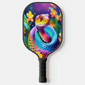 Cobra slang met levendige turquoise roze en geel pickleball paddle (Voorkant)
