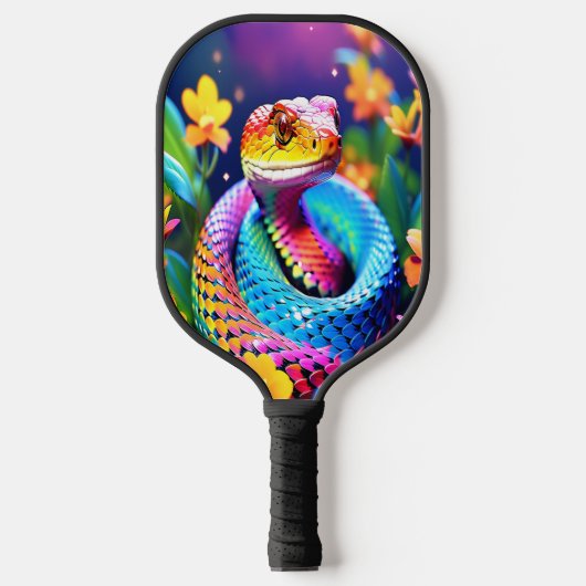 Cobra slang met levendige turquoise roze en geel pickleball paddle (Voorkant)